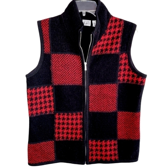 VTG Keren Hart Buffalo Plaid Check Zipper Sweater Vest 100% Wool Knit Black Red - Picture 1 of 9